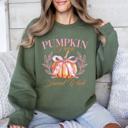Large Military Green Pumpkin Patch Social Club Autumn Florals Sunflowers Patchwork Harvest Moon Motif Sweatshirt