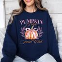 XXL Navy Pumpkin Patch Social Club Autumn Florals Sunflowers Patchwork Harvest Moon Motif Sweatshirt