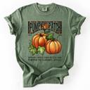 Medium Moss Dark Green Pumpkin Patch Leopard Print Watercolor Pumpkins And Bouquet Autumn Comfort Colors Tee