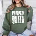 Large Military Green Pumpkin Queen Autumn Floral Sunflowers Harvest Cozy Knit Warm Nights Graphic Sweatshirt