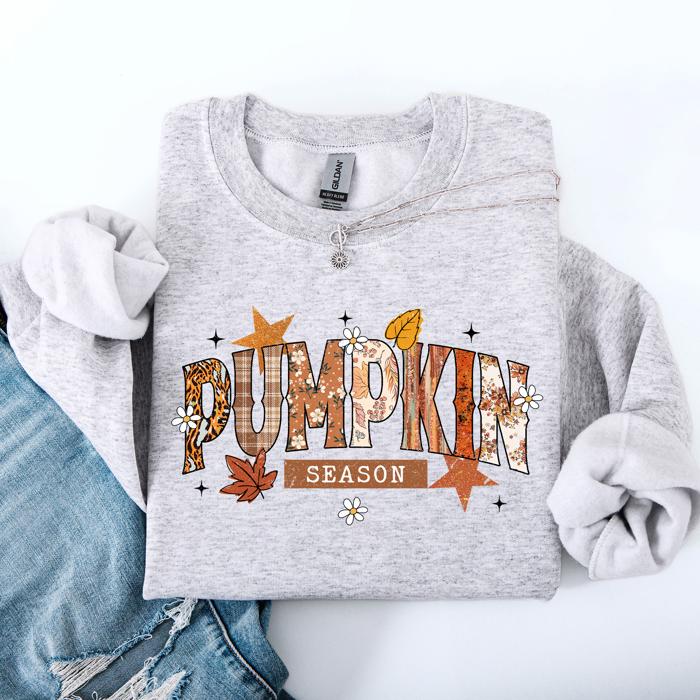 Pumpkin Season, Stars And Leaves Watercolor Autumn Scene Print Sweatshirt