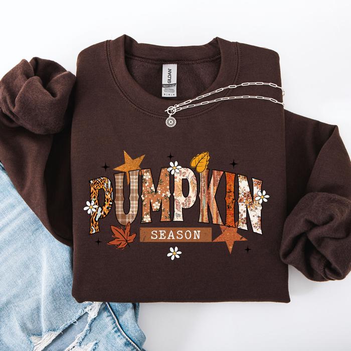 Pumpkin Season, Stars And Leaves Watercolor Autumn Scene Print Sweatshirt