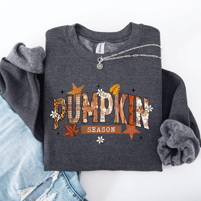 Pumpkin Season, Stars And Leaves Watercolor Autumn Scene Print Sweatshirt