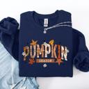 Medium Navy Pumpkin Season, Stars And Leaves Watercolor Autumn Scene Print Sweatshirt