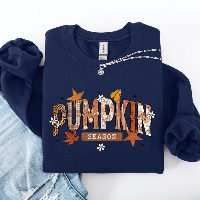 Pumpkin Season, Stars And Leaves Watercolor Autumn Scene Print Sweatshirt