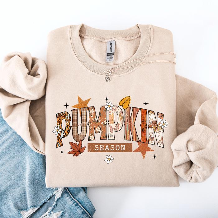Pumpkin Season, Stars And Leaves Watercolor Autumn Scene Print Sweatshirt