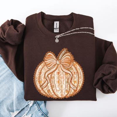 Pumpkin Faux Lace Coquette Pattern Watercolor Scene Halloween Autumn Fall Sweatshirt