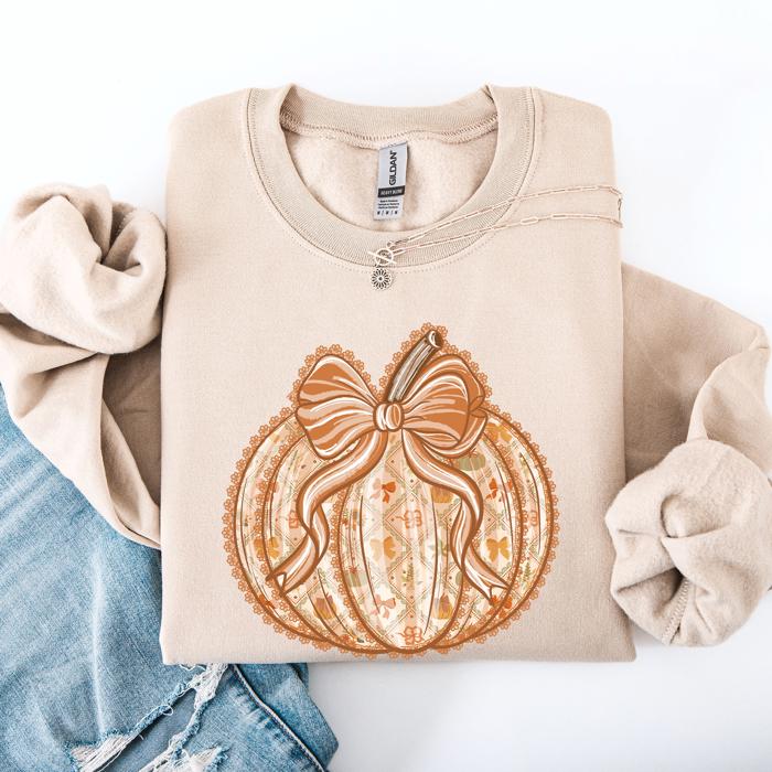 Pumpkin Faux Lace Coquette Pattern Watercolor Scene Halloween Autumn Fall Sweatshirt