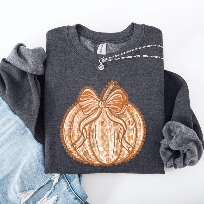 Pumpkin Faux Lace Coquette Pattern Watercolor Scene Halloween Autumn Fall Sweatshirt