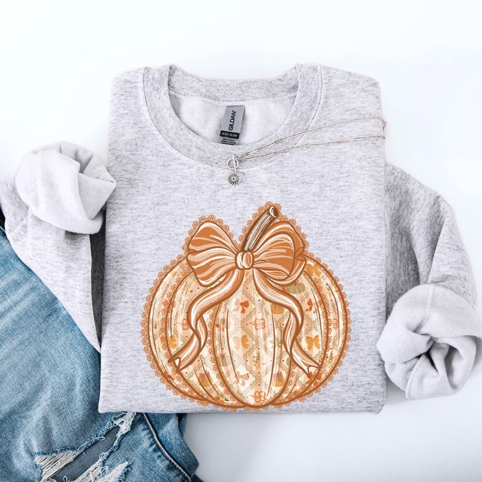 Pumpkin Faux Lace Coquette Pattern Watercolor Scene Halloween Autumn Fall Sweatshirt