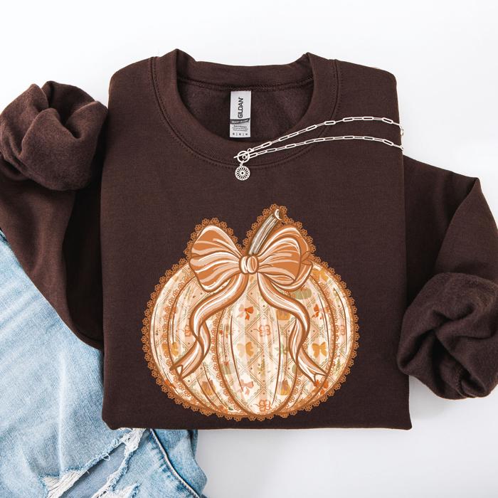 Pumpkin Faux Lace Coquette Pattern Watercolor Scene Halloween Autumn Fall Sweatshirt