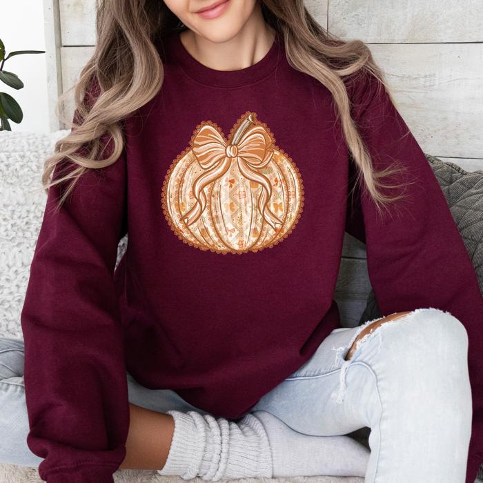 Pumpkin Faux Lace Coquette Pattern Watercolor Scene Halloween Autumn Fall Sweatshirt