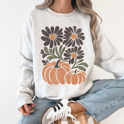 Pumpkins And Flowers Watercolor Allover Print Halloween Autumn Sweatshirt