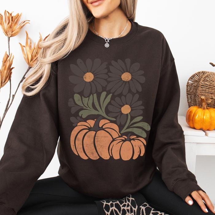 Pumpkins And Flowers Watercolor Allover Print Halloween Autumn Sweatshirt