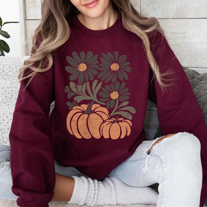 Pumpkins And Flowers Watercolor Allover Print Halloween Autumn Sweatshirt
