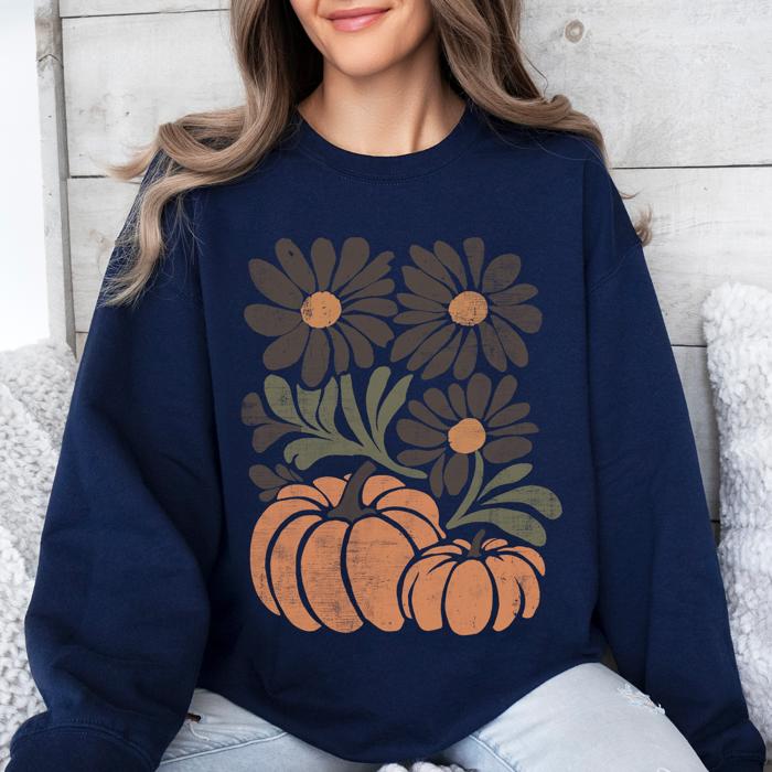Pumpkins And Flowers Watercolor Allover Print Halloween Autumn Sweatshirt