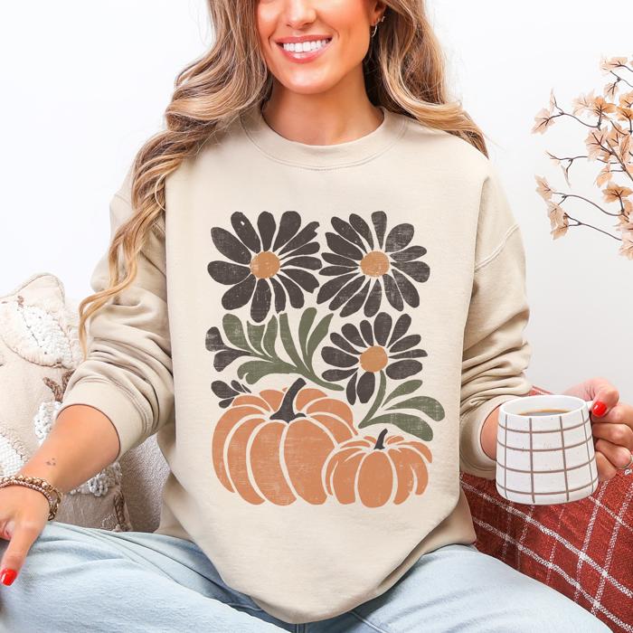 Pumpkins And Flowers Watercolor Allover Print Halloween Autumn Sweatshirt