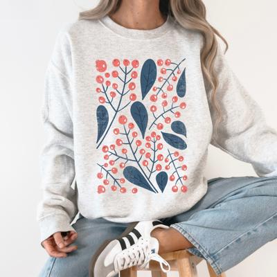 Red Berry And Leaf Botanical Vintage Boho Watercolor Nature Print Sweatshirt