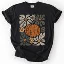 XXL Black Retro Autumn Pumpkin and Flowers Watercolor Garden Scene Halloween Vibes Comfort Colors Tee