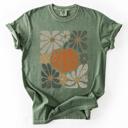 XXXL Moss Dark Green Retro Autumn Pumpkin and Flowers Watercolor Garden Scene Halloween Vibes Comfort Colors Tee