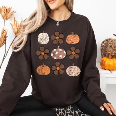 Retro Halloween Floral Pumpkin Pattern Sweatshirt For Cozy Autumn Layering Wardrobe Essential