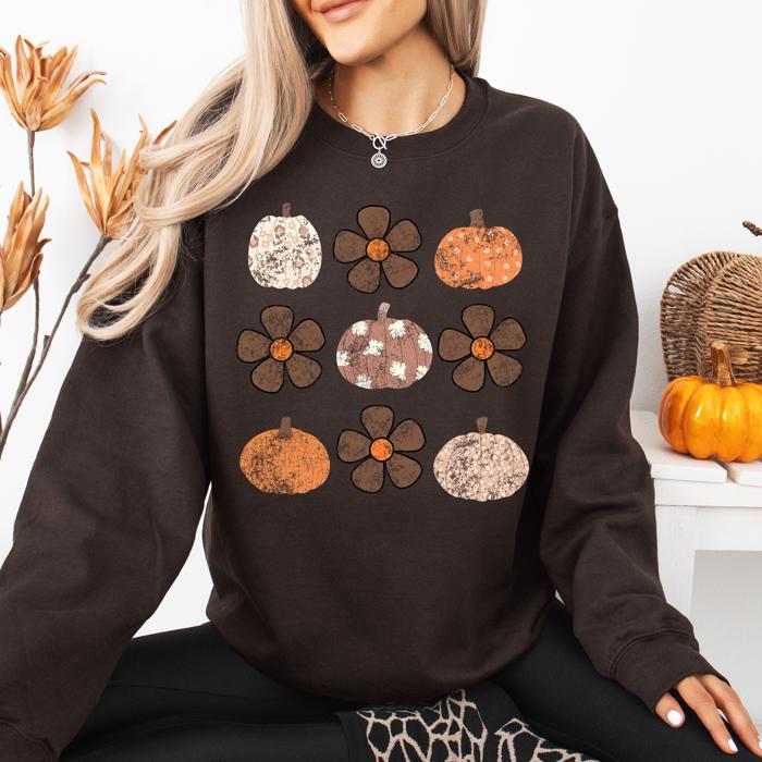 Retro Halloween Floral Pumpkin Pattern Sweatshirt For Cozy Autumn Layering Wardrobe Essential
