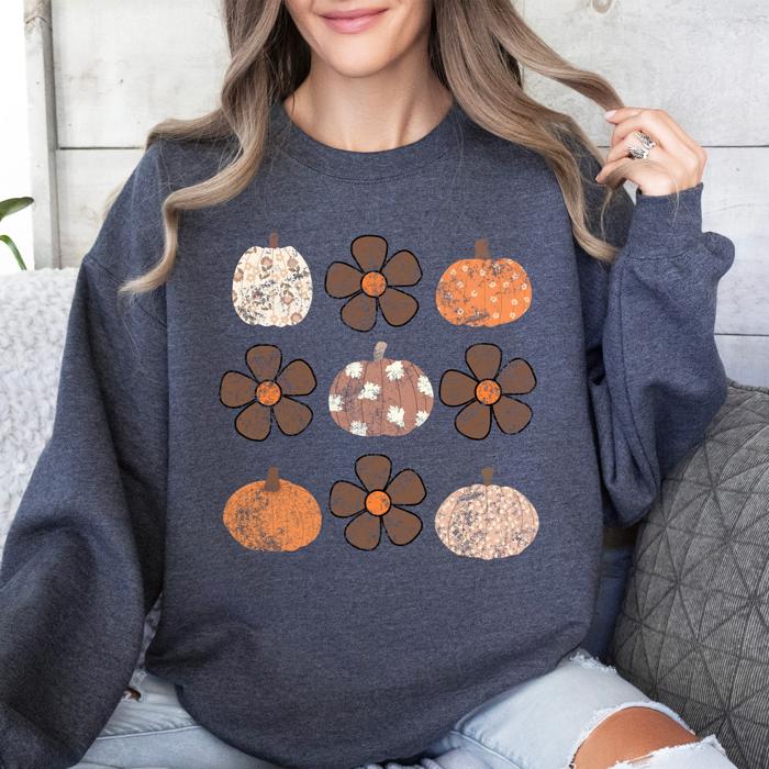 Retro Halloween Floral Pumpkin Pattern Sweatshirt For Cozy Autumn Layering Wardrobe Essential