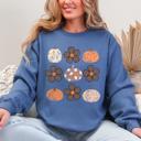 Medium Indigo Blue Retro Halloween Floral Pumpkin Pattern Sweatshirt For Cozy Autumn Layering Wardrobe Essential