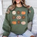 XXXL Military Green Retro Halloween Floral Pumpkin Pattern Sweatshirt For Cozy Autumn Layering Wardrobe Essential