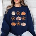 Medium Navy Retro Halloween Floral Pumpkin Pattern Sweatshirt For Cozy Autumn Layering Wardrobe Essential