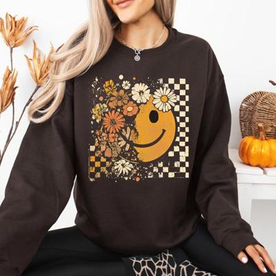 Retro Smiley Halloween Floral Autumn Garden Flowers Vintage-Inspired Pattern Cozy Knit Sweatshirt