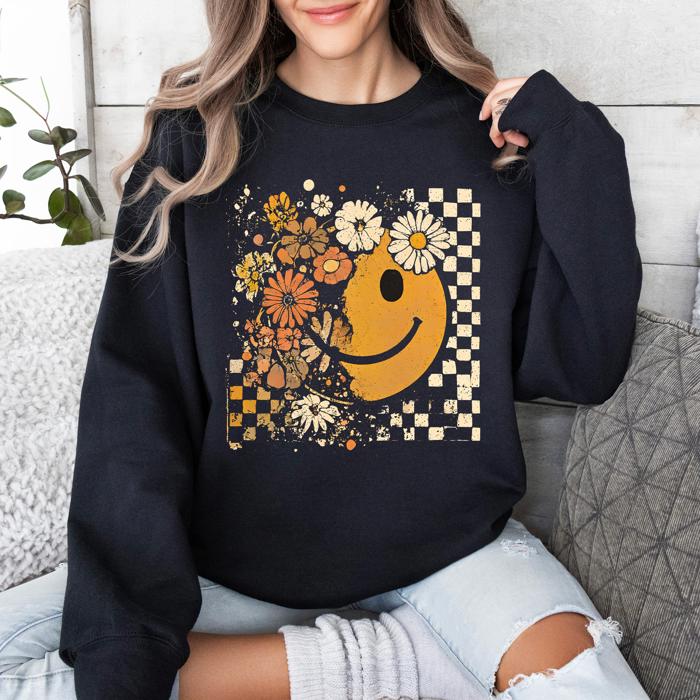 Retro Smiley Halloween Floral Autumn Garden Flowers Vintage-Inspired Pattern Cozy Knit Sweatshirt