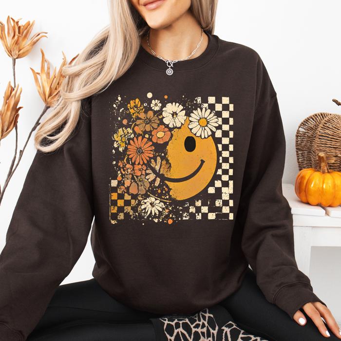 Retro Smiley Halloween Floral Autumn Garden Flowers Vintage-Inspired Pattern Cozy Knit Sweatshirt