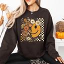 Small Dark Chocolate Brown Retro Smiley Halloween Floral Autumn Garden Flowers Vintage-Inspired Pattern Cozy Knit Sweatshirt