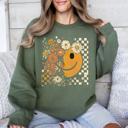 Large Military Green Retro Smiley Halloween Floral Autumn Garden Flowers Vintage-Inspired Pattern Cozy Knit Sweatshirt