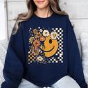 XXXL Navy Retro Smiley Halloween Floral Autumn Garden Flowers Vintage-Inspired Pattern Cozy Knit Sweatshirt