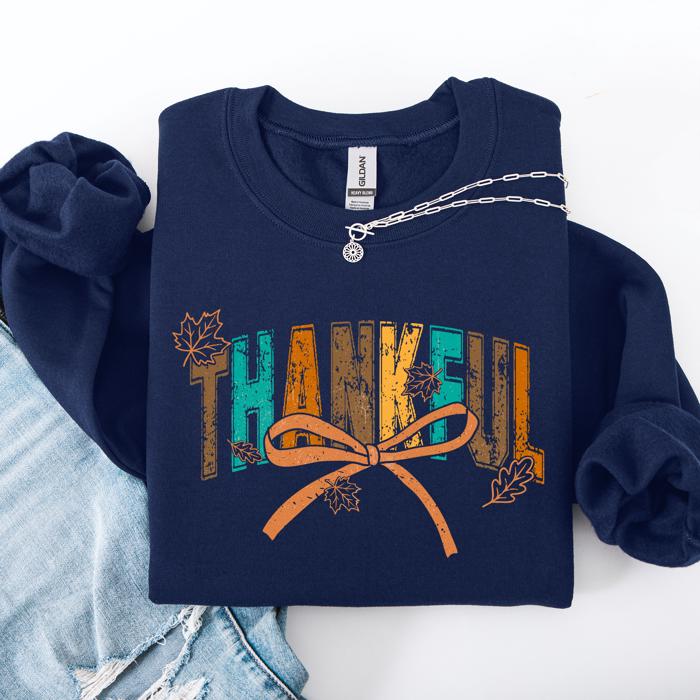 Thankful Fall Autumn Bow Ribbon Floral Sunflower Pumpkin Harvest Cozy Warm Seasonal Charm Sweatshirt