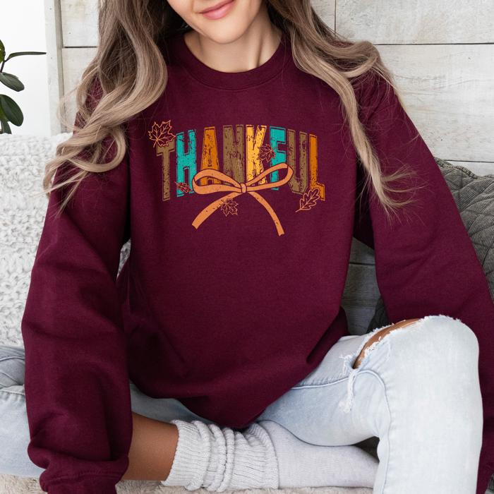 Thankful Fall Autumn Bow Ribbon Floral Sunflower Pumpkin Harvest Cozy Warm Seasonal Charm Sweatshirt