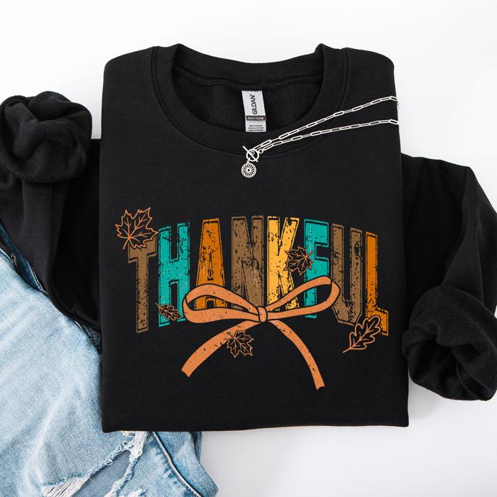Thankful Fall Autumn Bow Ribbon Floral Sunflower Pumpkin Harvest Cozy Warm Seasonal Charm Sweatshirt