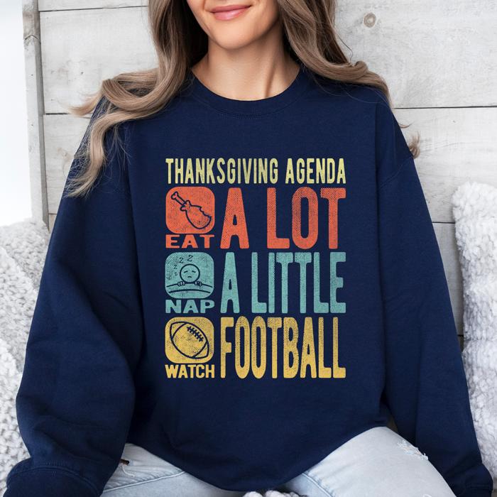 Thanksgiving Agenda Turkey Football Autumn Fall Themed Graphic Print Cozy Sweatshirt