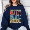 Large Navy Thanksgiving Agenda Turkey Football Autumn Fall Themed Graphic Print Cozy Sweatshirt