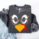 Large Dark Gray Heather Thanksgiving Teacher Turkey Leopard Print Autumn Festive Cozy Classroom Style Sweatshirt