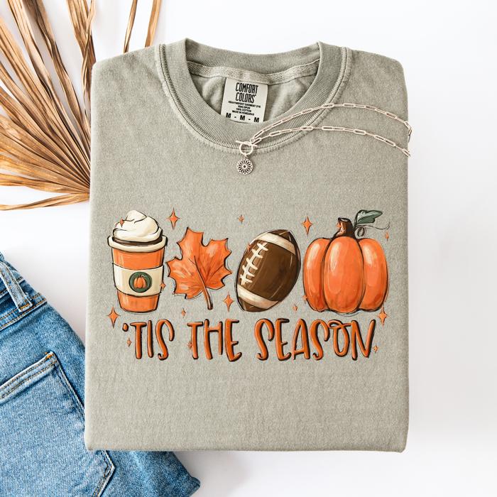Tis The Season Football Game Day Pumpkin Coffee Autumn Fall Edition Comfort Colors Tee