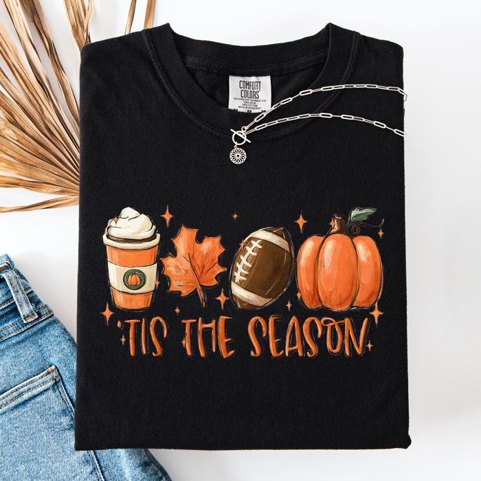 Tis The Season Football Game Day Pumpkin Coffee Autumn Fall Edition Comfort Colors Tee