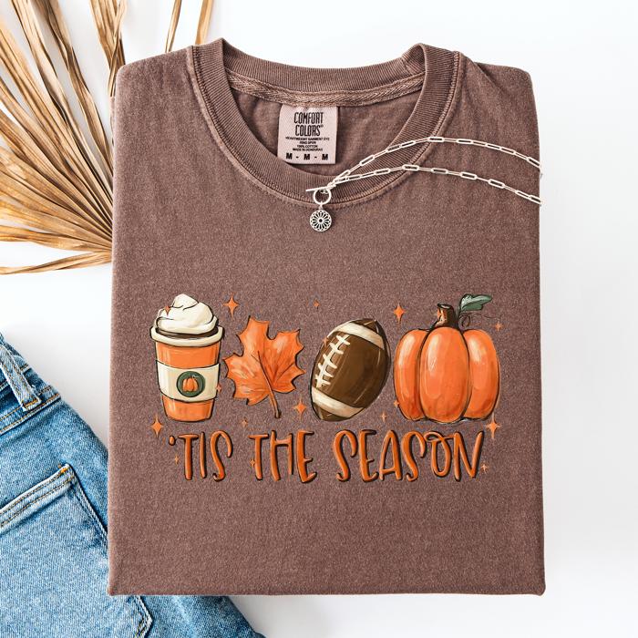 Tis The Season Football Game Day Pumpkin Coffee Autumn Fall Edition Comfort Colors Tee