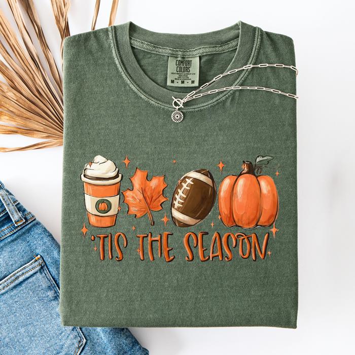 Tis The Season Football Game Day Pumpkin Coffee Autumn Fall Edition Comfort Colors Tee