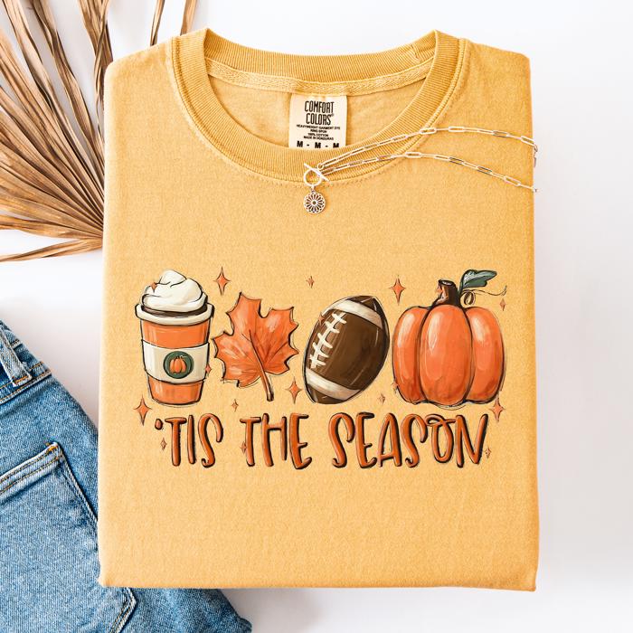 Tis The Season Football Game Day Pumpkin Coffee Autumn Fall Edition Comfort Colors Tee