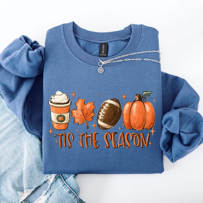 Tis The Season Football Game Day Pumpkin Coffee Autumn Fall Cozy Weather Sweatshirt