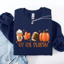 Small Navy Tis The Season Football Game Day Pumpkin Coffee Autumn Fall Cozy Weather Sweatshirt