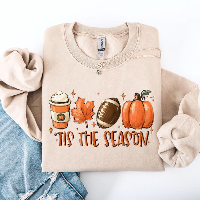 Tis The Season Football Game Day Pumpkin Coffee Autumn Fall Cozy Weather Sweatshirt